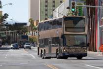 This June 9, 2017, file photo shows an RTC bus in Las Vegas. According to Las Vegas police, a man is in critical condition after being struck by an RTC bus in front of the Bellagio on Saturday nig ...