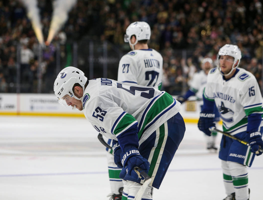 Vancouver Canucks center Bo Horvat (53) skates towards the bench after the Vancouver Canucks lose against the Vegas Golden Knights during an NHL hockey game at T-Mobile Arena in Las Vegas, Sunday, ...