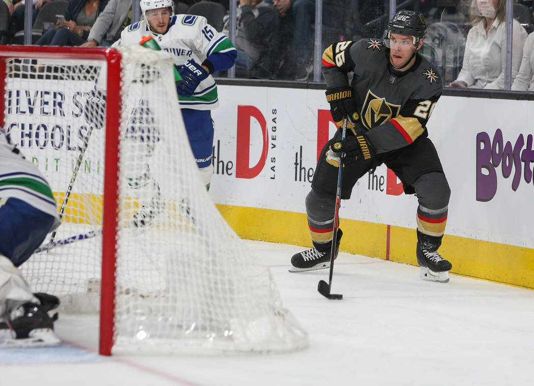 Vegas Golden Knights center Paul Stastny (26) looks to pass the puck during the third period of an NHL hockey game at T-Mobile Arena in Las Vegas, Sunday, March 3, 2019. (Caroline Brehman/Las Vega ...