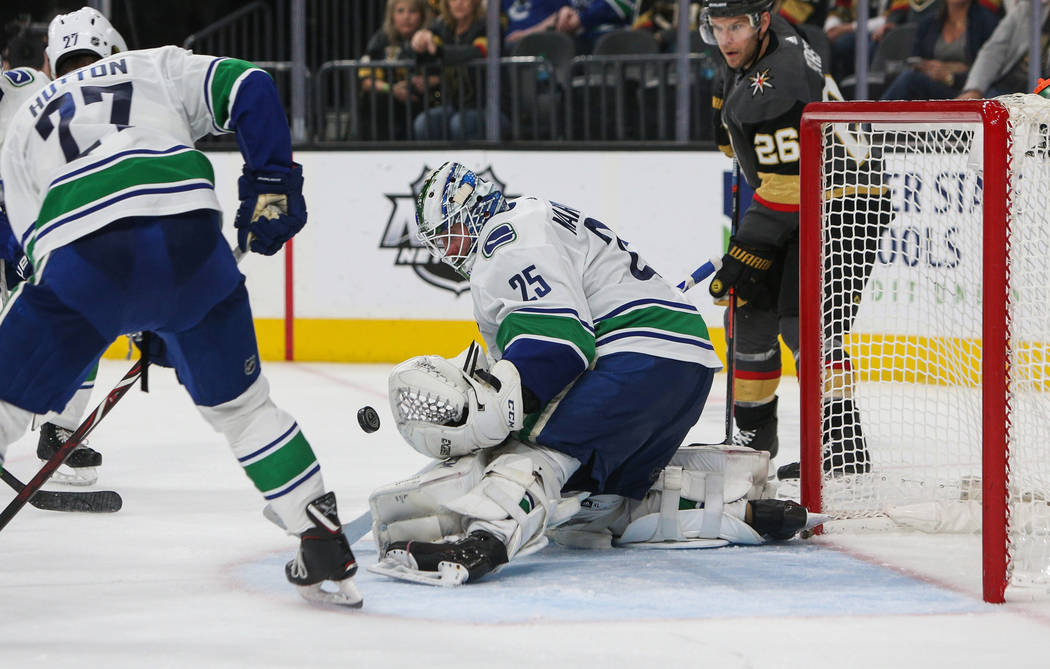 Vancouver Canucks goaltender Jacob Markstrom (25) blocks a shot from the Vegas Golden Knights during the third period of an NHL hockey game at T-Mobile Arena in Las Vegas, Sunday, March 3, 2019. ( ...