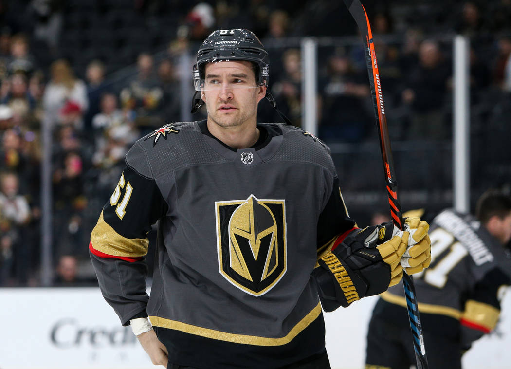 Vegas Golden Knights right wing Mark Stone (61) looks around during warmups of an NHL hockey game at T-Mobile Arenain Las Vegas, Sunday, March 3, 2019. (Caroline Brehman/Las Vegas Review-Journal) ...