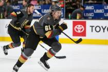Vegas Golden Knights right wing Mark Stone (61) skates towards the net during warmups of an NHL hockey game at T-Mobile Arenain Las Vegas, Sunday, March 3, 2019. (Caroline Brehman/Las Vegas Review ...