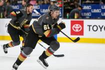 Vegas Golden Knights right wing Mark Stone (61) skates towards the net during warmups of an NHL hockey game at T-Mobile Arenain Las Vegas, Sunday, March 3, 2019. (Caroline Brehman/Las Vegas Review ...