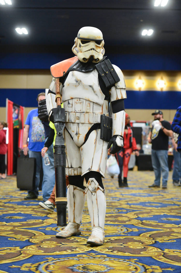 TD-22766, a member of the popular Star Wars Community the 501st Legion, cosplays as a desert storm trooper from Star Wars Episode 4 at the Las Vegas Toy and Comic Convention at the Westgate Resort ...