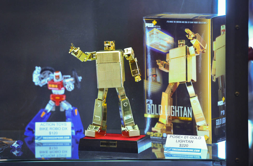 A figurine from the anime Golden Warrior Gold Lightan sits on display at The Chosen Prime Booth at the Las Vegas Toy and Comic Convention at the Westgate Resort and Casino in Las Vegas, on Sunday, ...