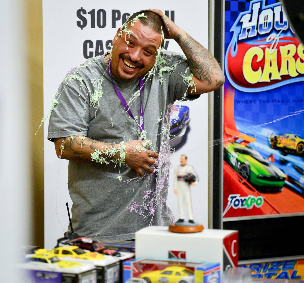 Staff member Joseph Vigil smiles after getting into a Silly String fight at the Las Vegas Toy and Comic Convention at the Westgate Resort and Casino in Las Vegas, on Sunday, March 3, 2019. Brett L ...