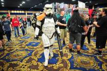 TD-22766, a member of the Star Wars Community the 501st Legion, cosplays as a desert storm trooper from Star Wars Episode 4 at the Las Vegas Toy and Comic Convention at the Westgate Resort and Cas ...