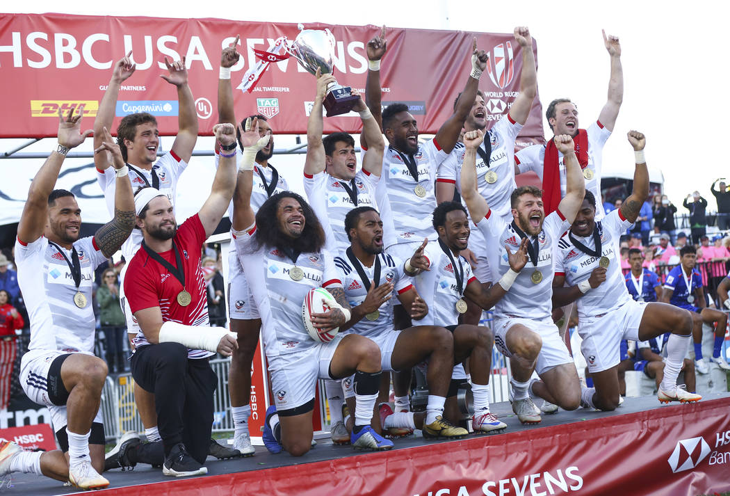USA players celebrate their victory over Samoa in the Cup Final match at the USA Sevens Rugby Tournament at Sam Boyd Stadium in Las Vegas on Sunday, March 3, 2019. (Chase Stevens/Las Vegas Review- ...