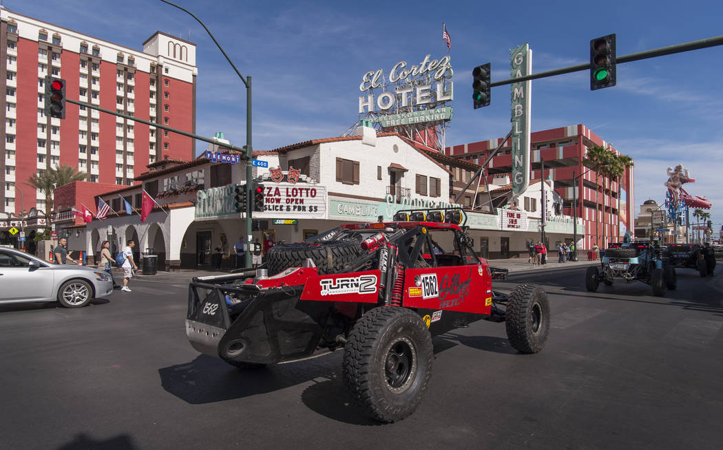 The Mint 400 Vehicle Procession rolls along East Fremont Street on March 9, 2016. Vehicles are arriving for the official kickoff of the annual Mint 400 off-road race, to be held March 12 in Primm ...