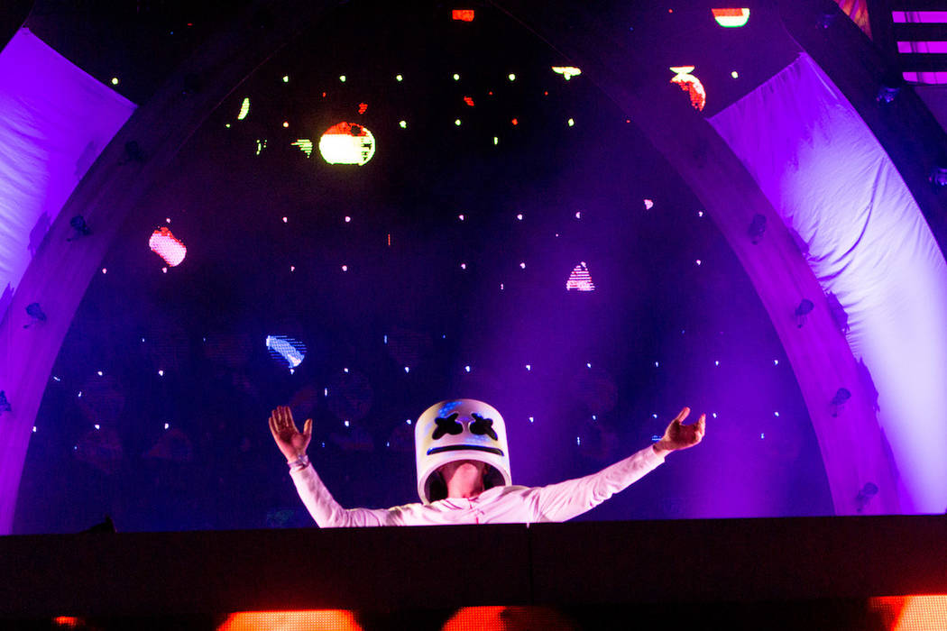 Artist Marshmello preforms on the stage cosmicMEADOW the third night of Electric Daisy Carnival at Las Vegas Motor Speedway early Monday morning, June 20, 2016. (Elizabeth Brumley//Las Vegas Revi ...