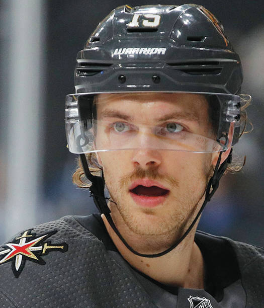 Vegas Golden Knights defenseman Jon Merrill (15) plays against the Toronto Maple Leafs during the first period of an NHL hockey game Thursday, Feb. 14, 2019, in Las Vegas. (AP Photo/John Locher)