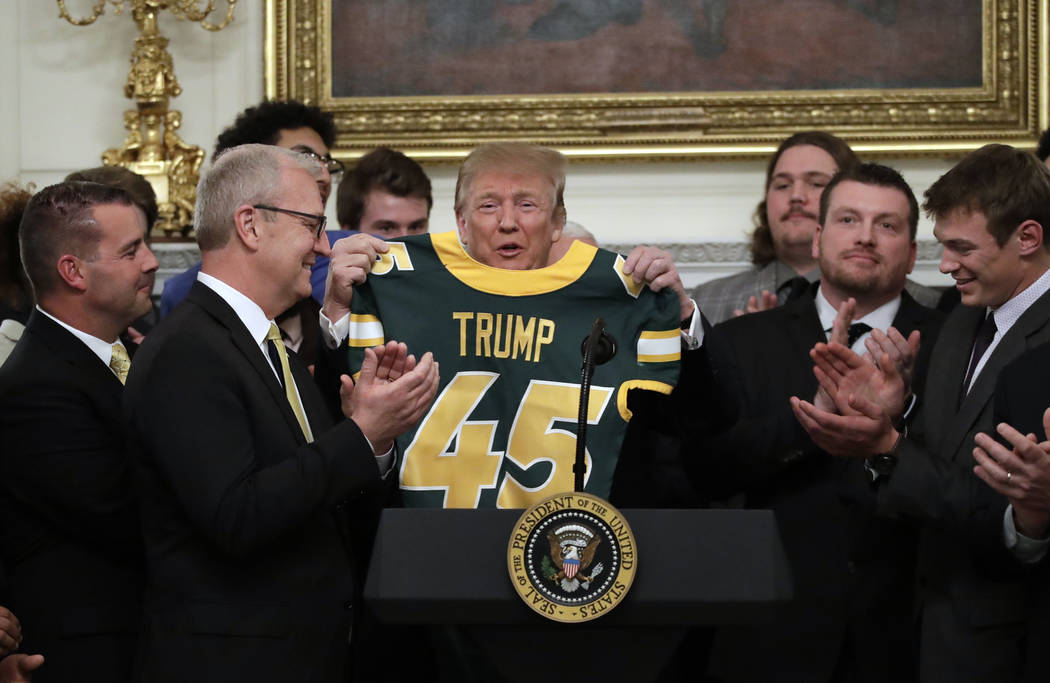 President Donald Trump welcomes 2018 NCAA FCS College Football Champions, The North Dakota State Bison, to the White House in Washington, Monday, March 4, 2019. (AP Photo/Carolyn Kaster)