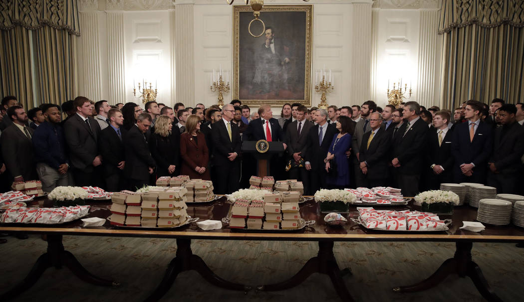 President Donald Trump welcomes 2018 NCAA FCS College Football Champions, The North Dakota State Bison, to the White House in Washington, Monday, March 4, 2019. (AP Photo/Carolyn Kaster)