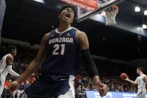 Gonzaga forward Rui Hachimura (21) yells after dunking against Saint Mary's during the first half of an NCAA college basketball game in Moraga, Calif., Saturday, March 2, 2019. (AP Photo/Jeff Chiu)