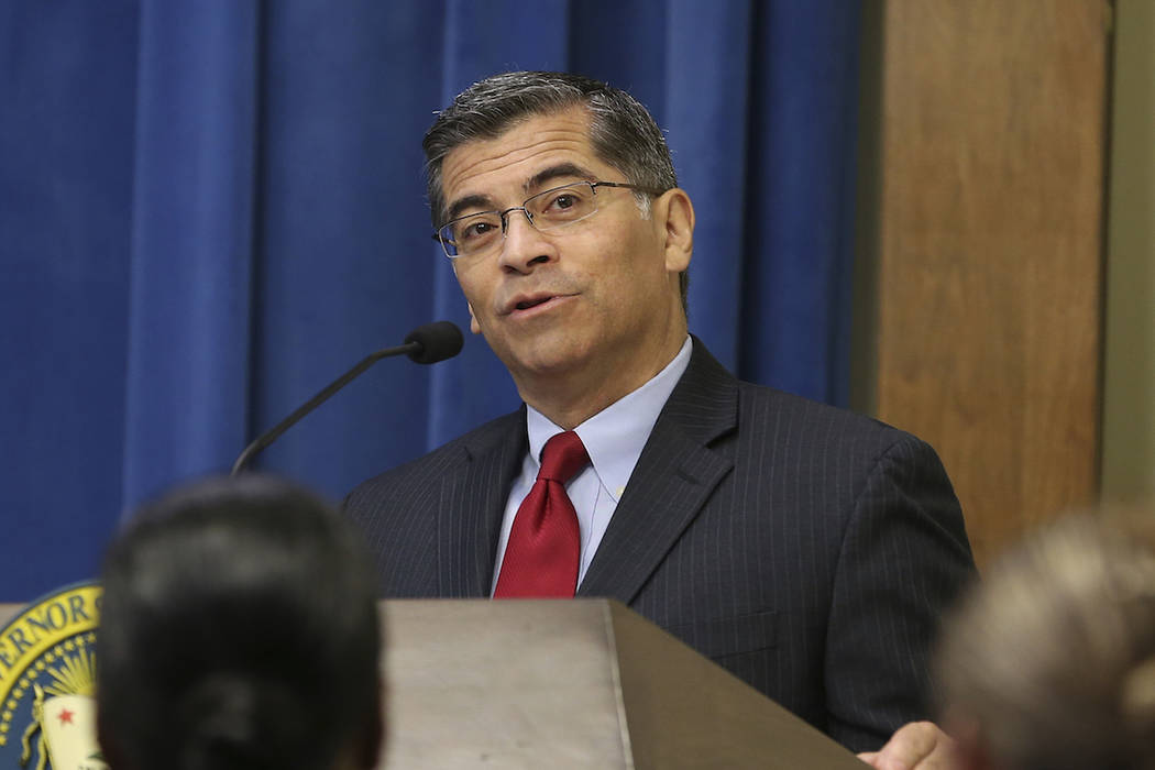 Attorney General Xavier Becerra speaks at the annual Governor's Public Safety Officer Medal of Valor ceremony Monday, Oct. 29, 2018, in Sacramento, Calif. (AP Photo/Rich Pedroncelli)