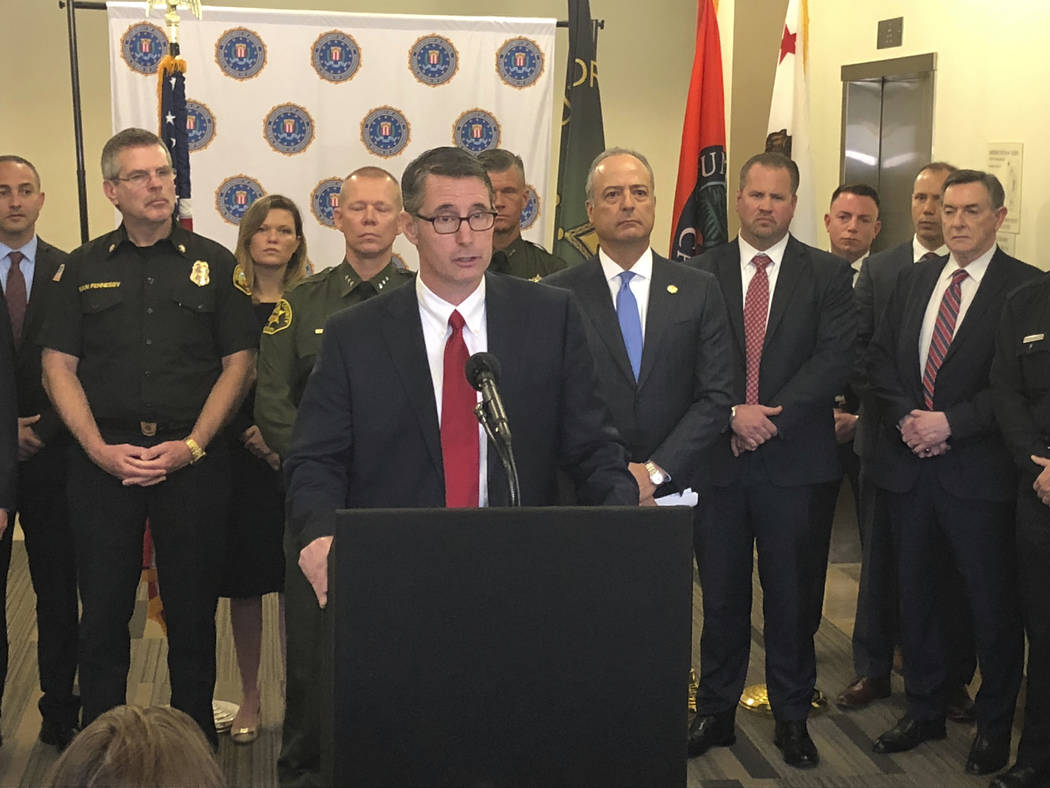FBI assistant director in charge of the Los Angeles office Paul Delacourt speaks during a news conference in Orange, Calif. on Monday, March 4, 2019. A California man was arrested in a spa explosi ...