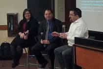 UNLV professors Jennifer Roberts, Gregory Gemignani and Anthony Cabot discuss the U.S. Justice Department's reinterpretation of the Wire Act in a Moot Court presentation at UNLV's William S. Boyd ...