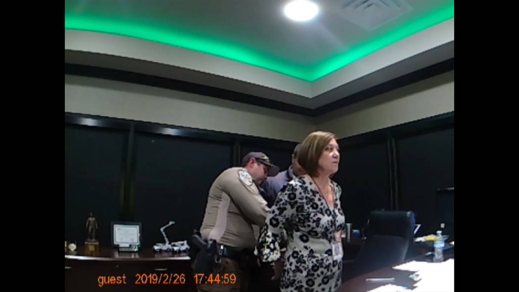 Nye County Sheriff's Office body-cam footage show Valley Electric Association CEO Angela Evans being arrested at the co-op's administrative offices at 800 E. Highway 372 in Pahrump on Feb. 26, 201 ...