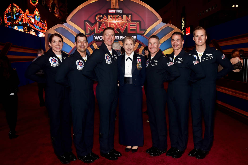 Brigadier Gen. Jeannie M. Leavitt, center, and U.S. Air Force Thunderbirds attend the Los Angeles World Premiere of Marvel Studios' "Captain Marvel" at Dolby Theatre on March 4, 2019 in Hollywood, ...