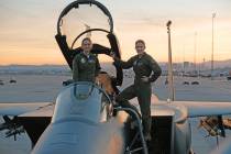 Brie Larson, left, gets hands-on help from Brigadier Gen. Jeannie Leavitt, who was 57th Wing Commander at Nellis Air Force Base, on a recent trip to Nellis in Las Vegas to research her character, ...