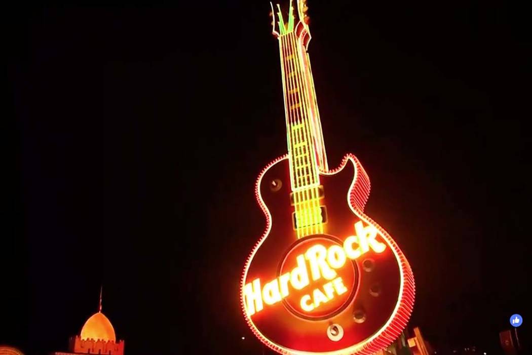 The Hard Rock Cafe guitar sign is lighted up Monday, March 4, 2019, at the Neon Museum in Las Vegas. (Las Vegas Review-Journal)