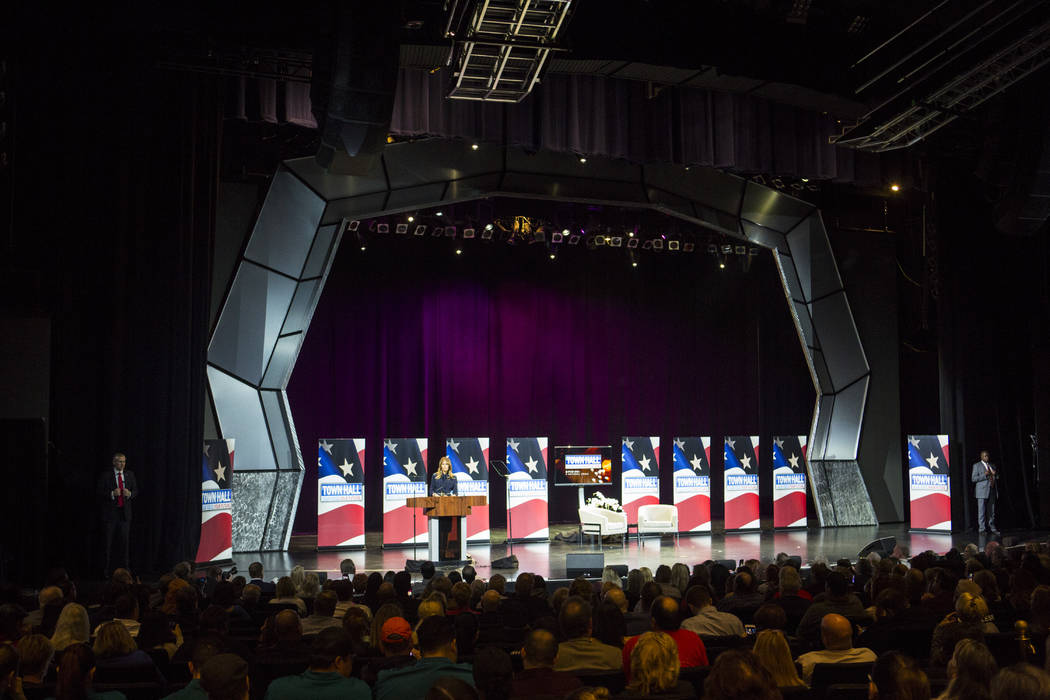 First lady Melania Trump speaks during a town hall about opioid addiction as part of her Be Best campaign at the Westgate Theater in Las Vegas on Tuesday, March 5, 2019. (Chase Stevens/Las Vegas R ...