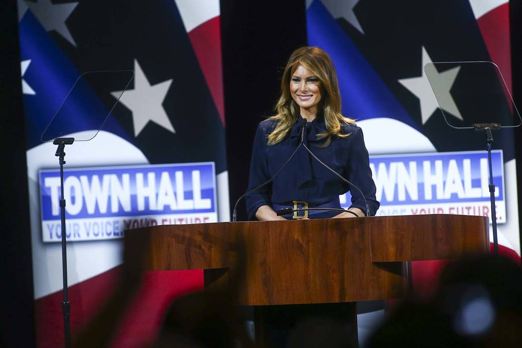 First lady Melania Trump speaks during a town hall about opioid addiction as part of her Be Best campaign at the Westgate Theater in Las Vegas on Tuesday, March 5, 2019. (Chase Stevens/Las Vegas R ...