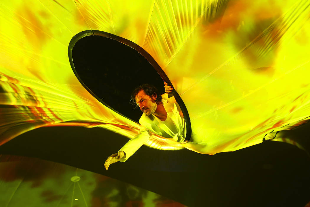 Cast members in "Fuerza Bruta" perform as part of a media preview at the show's tent outside of the Excalibur in Las Vegas on Wednesday, March 6, 2019. The show, which takes place inside ...