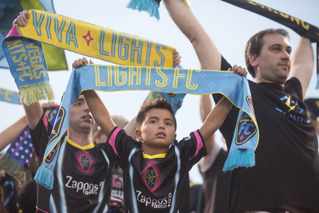 Las Vegas Lights FC fans cheer for Vegas before the start of their game with Saint Louis FC on Saturday, July 7, 2018, at Cashman Field, in Las Vegas. Benjamin Hager Las Vegas Review-Journal @benj ...