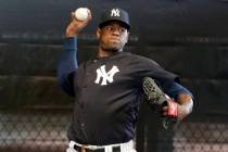 New York Yankees starting pitcher Luis Severino throws in the bullpen at the Yankees spring training baseball facility, in Tampa, Fla. on Feb. 14, 2019. (AP Photo/Lynne Sladky, File)
