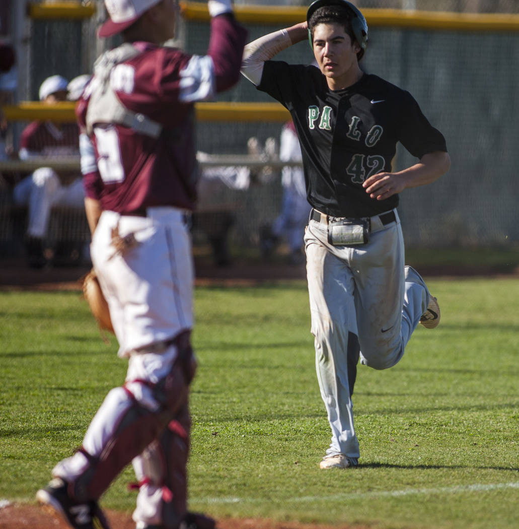 Palo Verde's Josiah Cromwick runs toward home at Cimarron-Memorial High School on Wednesday, March 14, 2018. Palo Verde won 12-8. Patrick Connolly Las Vegas Review-Journal @PConnPie