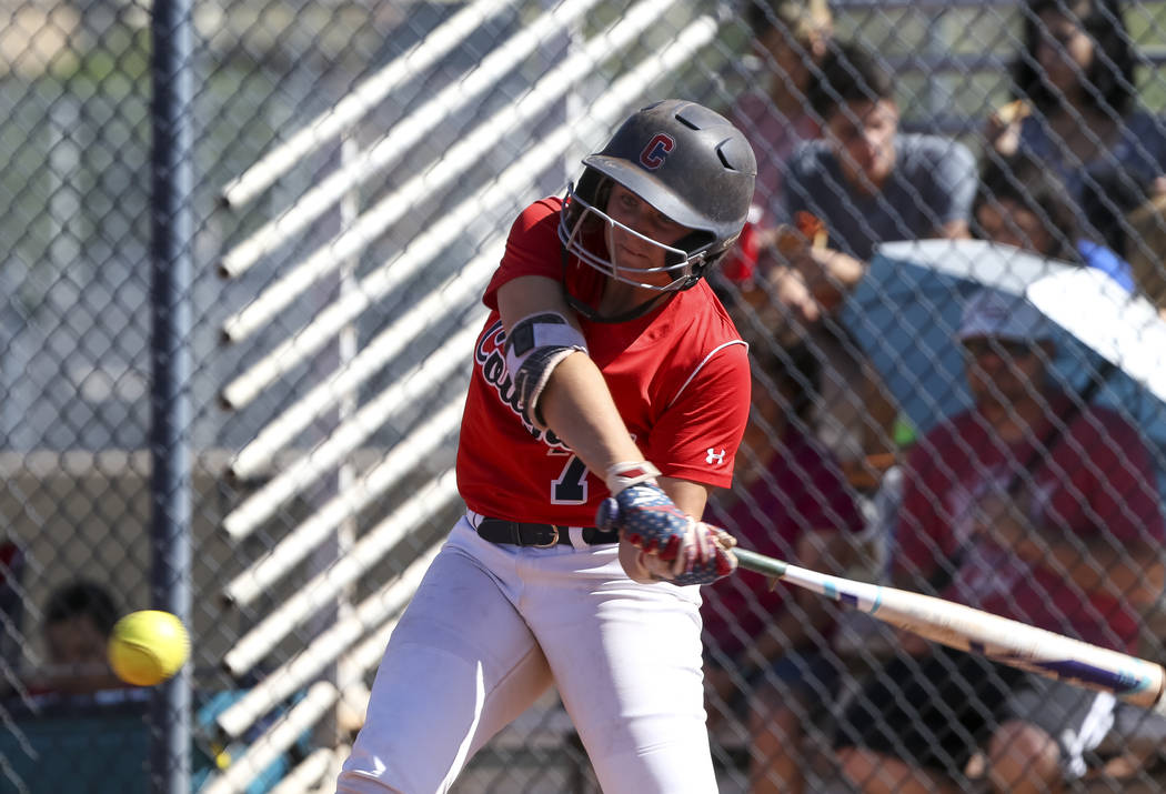 Coronado's Ashley Ward bats against Basic during a softball game at Coronado High School in Henderson on Friday, April 27, 2018. Richard Brian Las Vegas Review-Journal @vegasphotograph