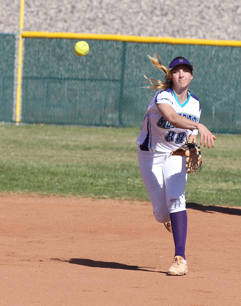 Silverado's Megan Johnson throws to first during a softball game against Coronado Monday, March 19, 2018, at Silverado High School. K.M. Cannon Las Vegas Review-Journal @KMCannonPhoto