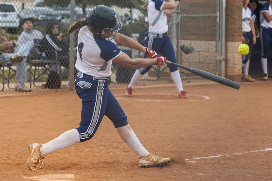 Shadow Ridge's Shea Clements bats against Shadow Ridge during the fourth inning at Shadow Ridge High School in Las Vegas on Tuesday, March 20, 2018. Patrick Connolly Las Vegas Review-Journal @PCo ...