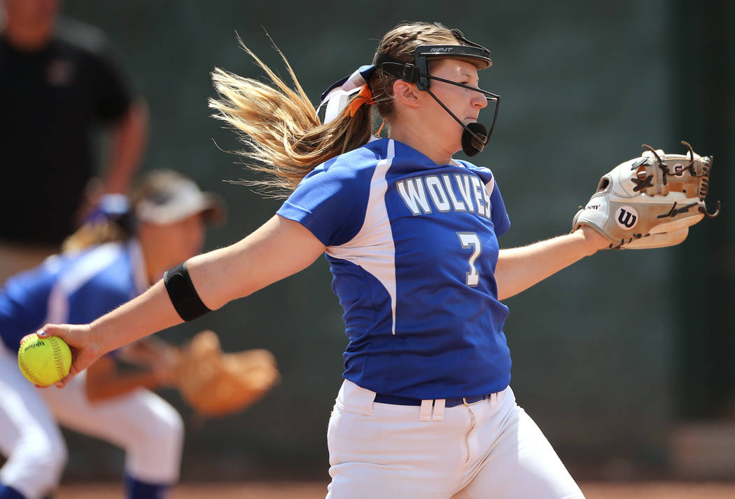Basic Wolves' Shelby Basso pitches against the Douglas Tigers during the NIAA 4A softball tournament, in Reno, Nev., on Thursday, May 17, 2018. Douglas won 8-5. Cathleen Allison/Las Vegas Review-J ...