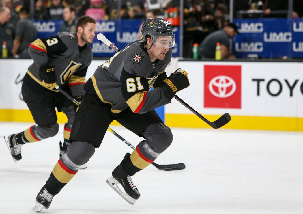 Vegas Golden Knights right wing Mark Stone (61) skates towards the net during warmups of an NHL hockey game at T-Mobile Arenain Las Vegas, Sunday, March 3, 2019. (Caroline Brehman/Las Vegas Review ...