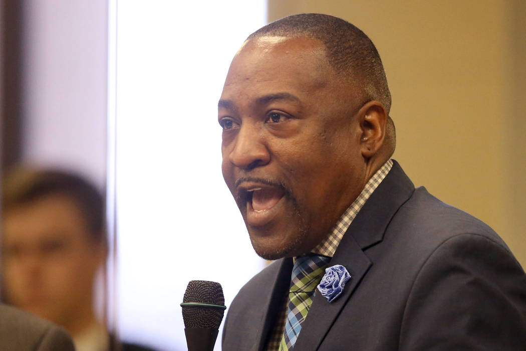 Assemblyman Tyrone Thompson, D- North Las Vegas, speaks during a floor session in the Legislative Building in Carson City Wednesday, Feb. 6, 2019. Thompson cosponsored AB 168 - a school discipline ...
