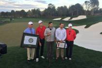 Southern Highlands head pro Jim Delaney, individual champion Jack Trent, Golfweek live stream announcer Ned Michaels, Shriners Hospitals for Children Open executive director Patrick Lindsey and UN ...