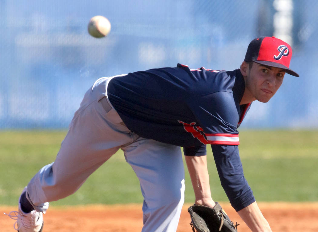 Liberty high's pitcher Garrett Maloney delivers against Centennial High during their baseball game at Centennial High School on Thursday, March 7, 2019, in Las Vegas. Centennial won 5-4. (Bizuayeh ...