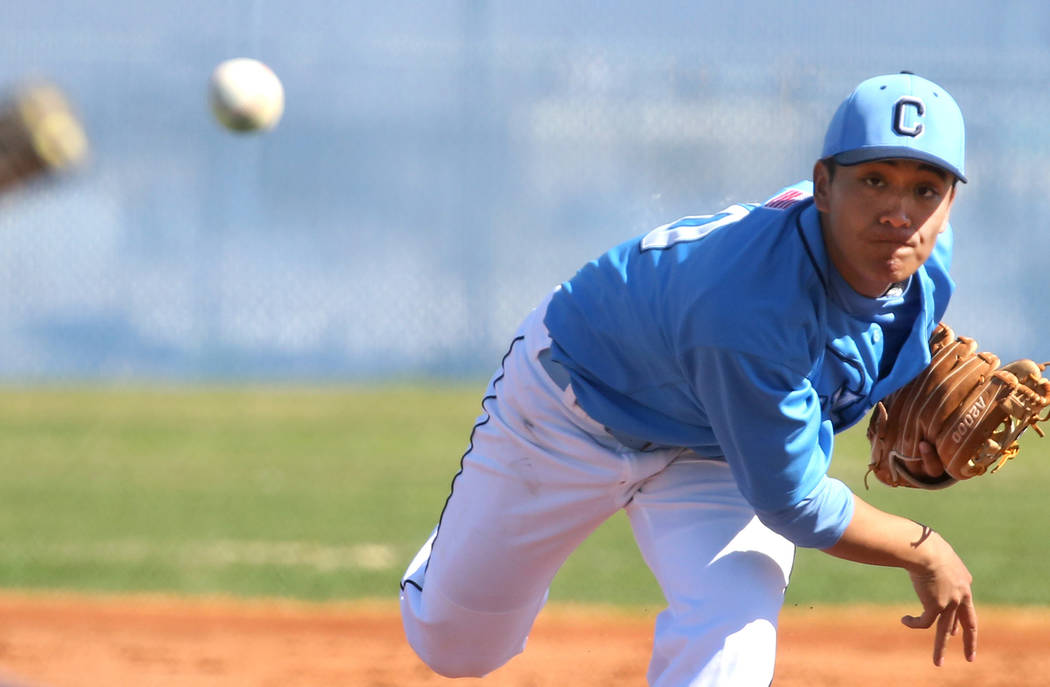 Centennial's pitcher Nate Martin delivers against Liberty High during their baseball game at Centennial High School on Thursday, March 7, 2019, in Las Vegas. Centennial won 5-4. (Bizuayehu Tesfaye ...