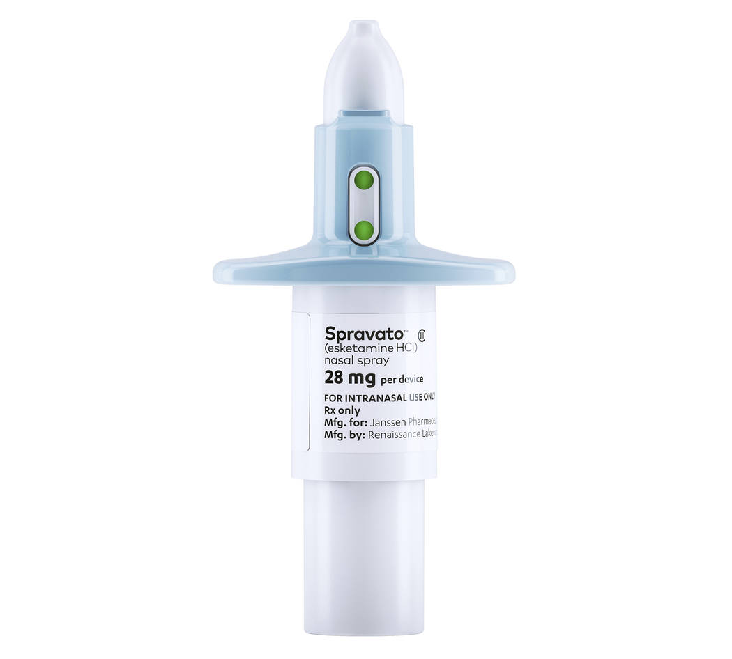 This photo provided by Janssen Global Services shows Spravato nasal spray. Spravato, a mind-altering medication related to the club drug Special K, won U.S. approval Tuesday, March 5, 2019, for pa ...