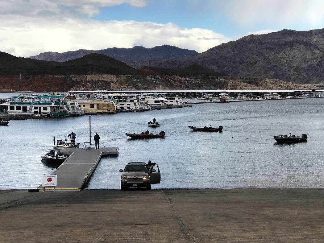 Anglers competing in the YETI FLW College Fishing Western Conference Tournament at Callville Bay Marina wait near the launch ramp to trailer their boats so they can make their weigh-in time. (Dou ...