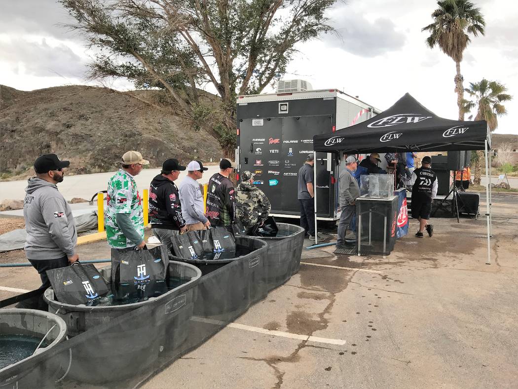 Professional anglers keep their catch in aerated tubs of water while awaiting their turn at the scales on Championship Saturday of the Costa FLW Series Western Division bass tournament at Callvill ...