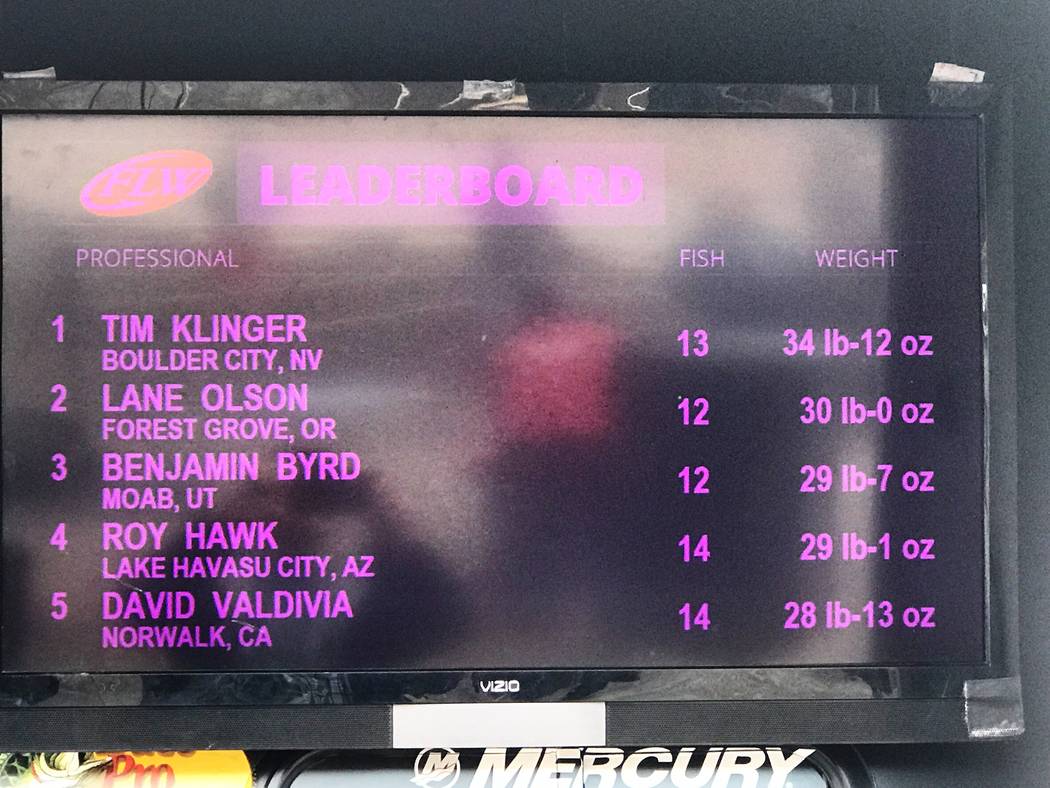The Championship Day leaderboard at the Costa FLW Series Western Division bass tournament held at Lake Mead Feb. 28 - Mar. 2. Tim Klinger, of Boulder City, earned top honors. (Doug Nielsen)
