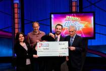 This photo provided by Sony shows Brad Rutter, Larissa Kelly and David Madden with Alex Trebek, winners of the first "Jeopardy!" team championship, Tuesday, March 5, 2019 in in Burbank, Calif. (Ca ...