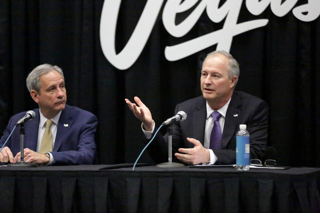 Brian Yost, Las Vegas Convention and Visitors Authority (LVCVA) chief operating officer, left, and Steve Hill, LVCVA president and CEO, address the media to announce the recommendation for an unde ...