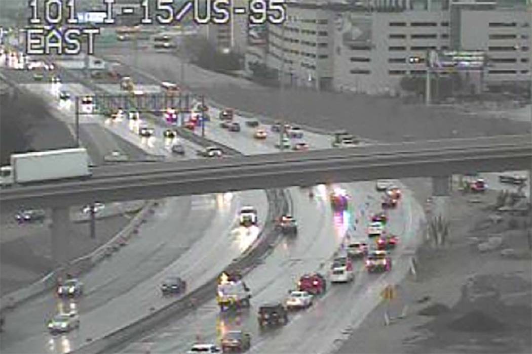 Crash on southbound U.S. Highway 95 at Interstate 15 in the Spaghetti Bowl near downtown Las Vegas, Wednesday, March 6, 2019. (RTC Cameras)