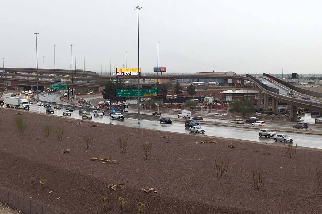 A crash on southbound U.S. Highway 95 at Interstate 15 in the Spaghetti Bowl near downtown Las Vegas, Wednesday, March 6, 2019. (Michael Quine/Las Vegas Review-Journal)
