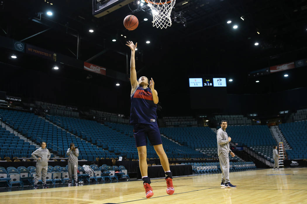 Arizona Wildcats sophomore guard Sam Thomas shoots the ball during a team practice at MGM Grand Garden Arena in Las Vegas, Wednesday, March 6, 2019. Thomas is a graduate of Centennial High School ...