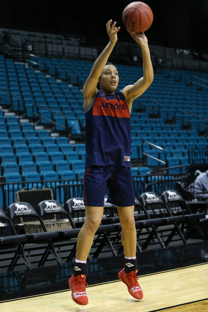 Arizona Wildcats sophomore guard Sam Thomas shoots the ball during a team practice at MGM Grand Garden Arena in Las Vegas, Wednesday, March 6, 2019. Thomas is a graduate of Centennial High School ...